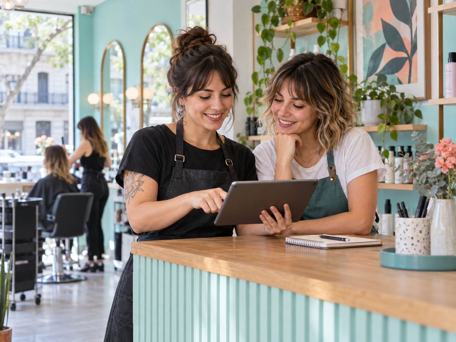 Dos profesionales organizando su agenda en una tablet